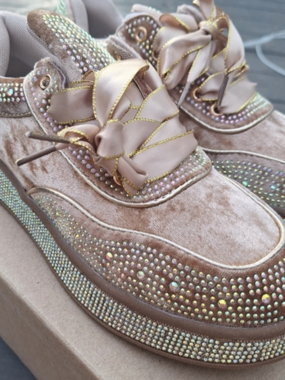 Women’s Velvet Crystal-Embellished Sneakers - Blush